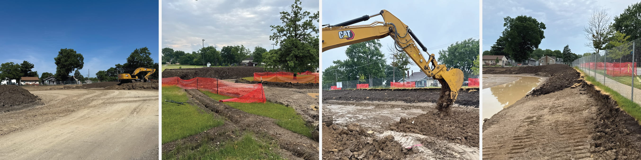 Sample images of the progress on construction of the new library on Maple Avenue in June of 2026. Exposed dirt with leveling and grading acheived by a large yellow Caterpillar excavator.